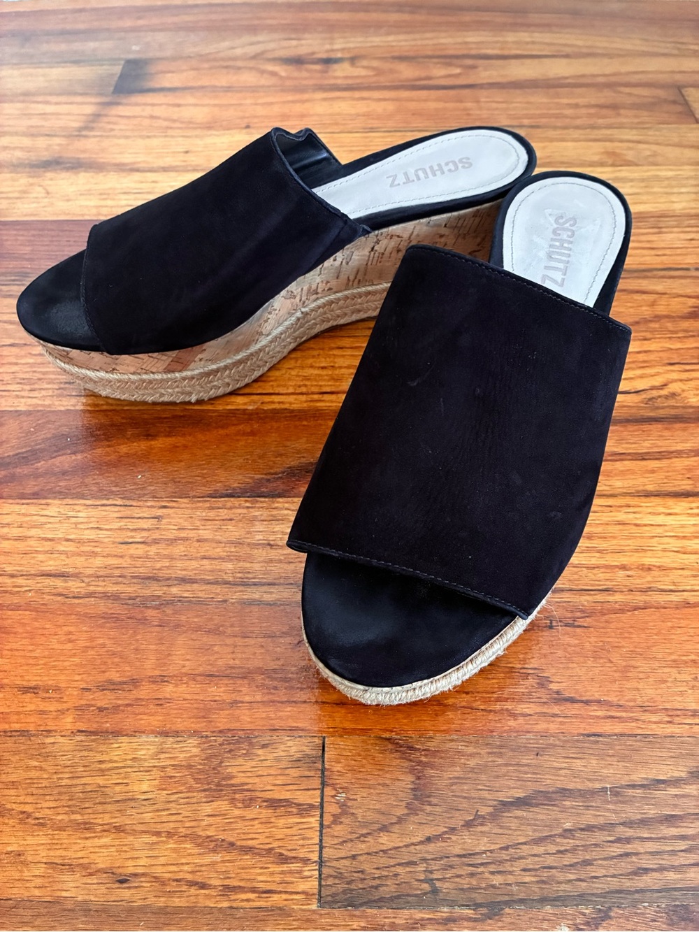 Schutz Black Suede Espadrille Cork Wedge Slide Sandals Mule Platform Size 8 - Picture 2 of 5